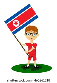 Fan of North Korea (Democratic People's Republic) national football team, sports. Boy with flag in the colors of the state command with sports paraphernalia.