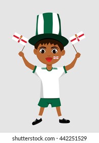 Fan of Northern Ireland national football team, sports. Boy with flag in the colors of the national command with sports paraphernalia. 