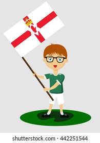 Fan of Northern Ireland national football team, sports. Boy with flag in the colors of the national command with sports paraphernalia. 
