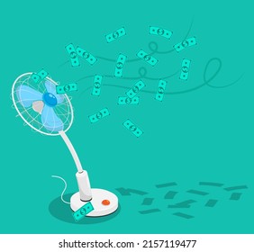 Fan on high stand blows powerful of jet air at flying money. Inflation and depreciation of bank deposits. Cartoon vector concept on theme of inflation and depreciation of money