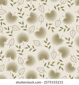 Fan palm leaves foliage seamless pattern. Allover print tropical floral surface design. Leafy texture leaves and branchlets on beige color background.