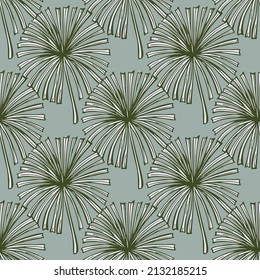 Fan palm leaves seamless pattern on. Vintage tropical foliage in engraving style. Hand drawn repeat texture for fabric, wallpaper, textile, print, wrapping paper. Vector illustration.