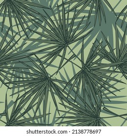 Fan palm leaves seamless pattern.Retro tropical branch in engraving style. Hand drawn texture foliage for fabric, wallpaper, textile, print, wrapping paper. Vector illustration.