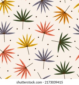 Fan palm leaves seamless vector pattern. Hand drawn tropical plant with colorful veiny leaves, on a stem. Flat vintage illustration of exotic tree branch. Cartoon botanical background