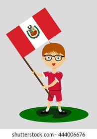 Fan of Peru national football team, sports. Boy with flag in the colors of the national command with sports paraphernalia.