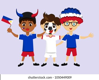 Fan of Philippines national football, hockey, basketball team, sports. Boy with Philippines flag in the colors of the national command with sports paraphernalia. Boy with Philippines flag