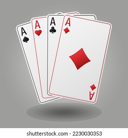 A fan of playing cards consisting of four black and red Ace of Spades, Diamonds, Clubs, Hearts. Vector illustration poker and casino of all the aces on a gray background.