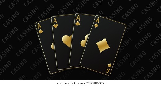 A fan of playing cards consisting of four black and golden Ace of Spades, Diamonds, Clubs, Hearts. Vector illustration poker and casino of all the aces on a table black background.