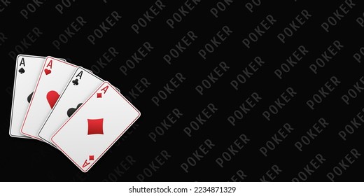 A fan of playing cards consisting of four black and red Ace of Spades, Diamonds, Clubs, Hearts. Vector illustration poker and casino of all the aces on a table black background.