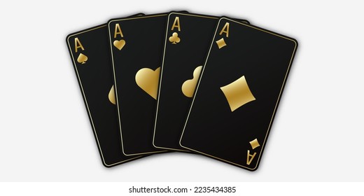 A fan of playing cards consisting of four black and golden Ace of Spades, Diamonds, Clubs, Hearts. Vector illustration poker and casino of all the aces on a white background.