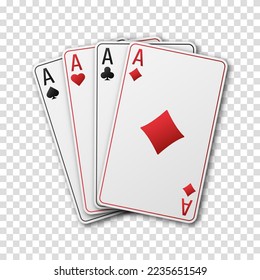 A fan of playing cards consisting of four black and red Ace of Spades, Diamonds, Clubs, Hearts. Vector illustration poker and casino of all the aces on a transparent background.