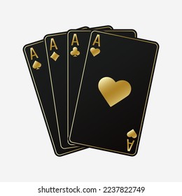 Ein Fan von Spielkarten, bestehend aus vier schwarzen und goldenen Eis der Spades, Diamanten, Clubs, Herzen. Vektorgrafik-Poker und Casino aller Asse auf weißem Hintergrund.