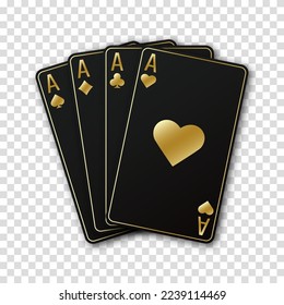 A fan of playing cards consisting of four black and golden Ace of Spades, Diamonds, Clubs, Hearts. Vector illustration poker and casino of all the aces on a transparent background.