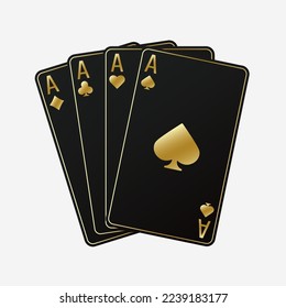 A fan of playing cards consisting of four black and golden Ace of Spades, Diamonds, Clubs, Hearts. Vector illustration poker and casino of all the aces on a white background.