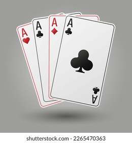 A fan of playing cards consisting of four black and red Ace of Spades, Diamonds, Clubs, Hearts. Vector illustration poker and casino of all the aces on a gray background.