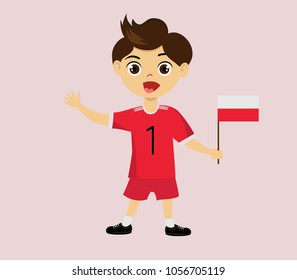 Fan of Poland national football, hockey, basketball team, sports. Boy with Poland flag in the colors of the national command with sports paraphernalia. Boy with Poland flag in the form of a sport.