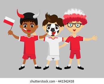 Fan of  Poland. national football team, sports. Boy with flag in the colors of the national command with sports paraphernalia. 