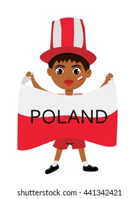 Fan of  Poland. national football team, sports. Boy with flag in the colors of the national command with sports paraphernalia. 