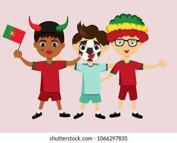 Fan of Portugal national football, hockey, basketball team, sport. Boy with Portugal flag in the colors of the national command with sports paraphernalia. Boy with Portugal flag in the form of a sport