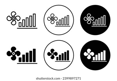 Fan power mode icon. increase heating or cooling fan motor speed to full capacity vector line set. temperature control gas stove knob with full air fan power speed mode in ac symbol logo. 