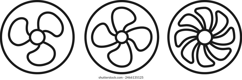 Fan propeller blades icon. Rotation of three, four and eight bladed turbines.