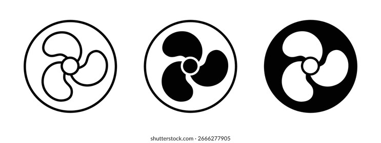 Ícone de hélice do ventilador com contorno, sólido e círculo preenchido estilos. Ideal para ventilação, sistema de resfriamento, HVAC e projetos de vetor de engenharia mecânica.