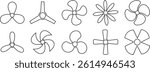 Fan propeller outline icons set. Turbine airflow rotating symbol, Industrial ventilator heating cooling sign, Ship marine engine screw, Nautical aviation silhouette isolated on transparent background.