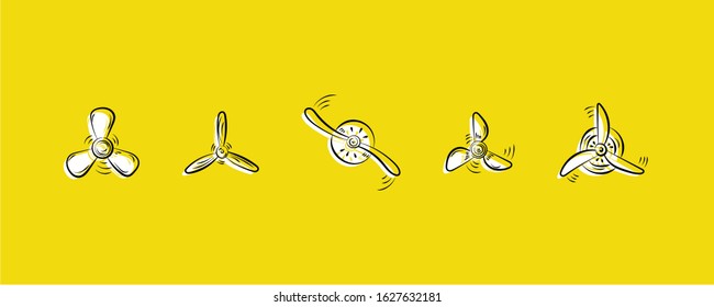 Fan, propellers, rotor mover, aircraft propeller icons, wind fan rotating prop, airplane airscrew, icons. Set of propellers plane. Hand drawn doodle. Graphic Design, vector illustration EPS 10.