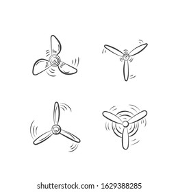 Fan, propellers, rotor mover, aircraft propeller icons, wind fan rotating prop, airplane airscrew, icons. Set of propellers plane. Hand drawn doodle. Graphic Design, vector illustration EPS 10.