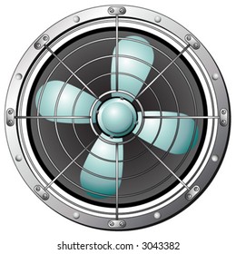 Fan protected by a metal grid over white background