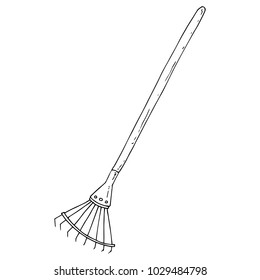Fan rake with a long handle. Garden tools. Folding rake. Vector illustration.