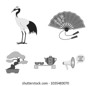 Fan, red crown crane, tea ceremony, bonsai.Japan set collection icons in monochrome style vector symbol stock illustration web.