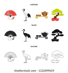 Fan, red crown crane, tea ceremony, bonsai.Japan set collection icons in cartoon,black,outline style vector symbol stock illustration web.
