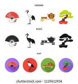 Fan, red crown crane, tea ceremony, bonsai.Japan set collection icons in cartoon,black,flat style vector symbol stock illustration web.