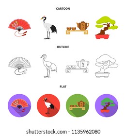 Fan, red crown crane, tea ceremony, bonsai.Japan set collection icons in cartoon,outline,flat style vector symbol stock illustration web.