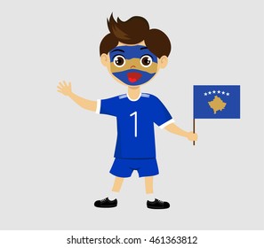 Fan of Republic of Kosovo national football team, sports. Boy with flag in the colors of the state command with sports paraphernalia.