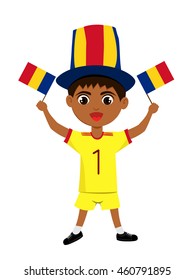 Fan of Romania national football team, sports. Boy with flag in the colors of the state command with sports paraphernalia.