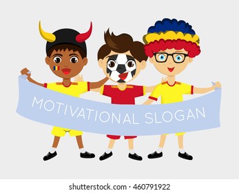 Fan of Romania national football team, sports. Boy with flag in the colors of the state command with sports paraphernalia.