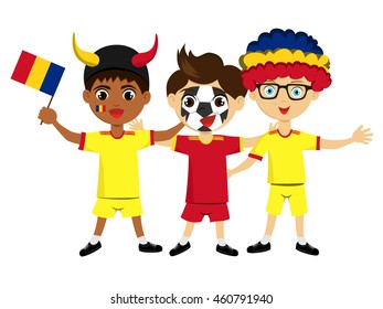 Fan of Romania national football team, sports. Boy with flag in the colors of the state command with sports paraphernalia.