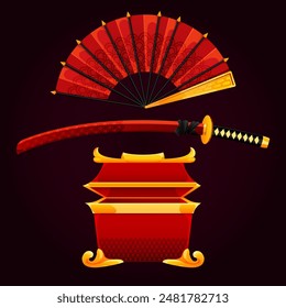 fan; rope; katana; vector; graphic; chest; clipart; brown; sheathed; pattern; gold; casket; illustration; icon; insignia; design; asian;  