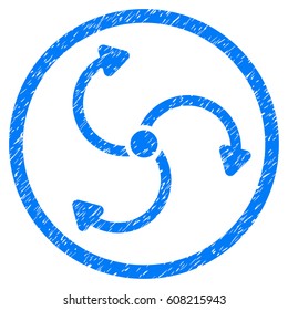 Fan Rotation grainy textured icon inside circle for overlay watermark stamps. Flat symbol with dust texture. Circled dotted vector blue ink rubber seal stamp with grunge design on a white background.