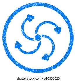 Fan Rotation grainy textured icon inside circle for overlay watermark stamps. Flat symbol with unclean texture. Circled vector blue rubber seal stamp with grunge design.