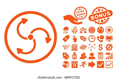 Fan Rotation icon with bonus elements. Vector illustration style is flat iconic symbols, orange color, white background.