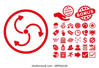 Fan Rotation icon with bonus icon set. Vector illustration style is flat iconic symbols, red color, white background.