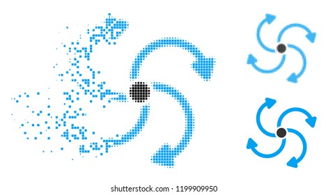 Fan rotation icon in dispersed, pixelated halftone and undamaged solid versions. Points are organized into vector dispersed fan rotation symbol. Disappearing effect uses rectangle dots.