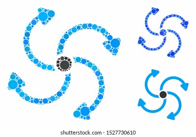 Fan rotation mosaic of circle elements in variable sizes and color tints, based on fan rotation icon. Vector circle elements are united into blue collage.