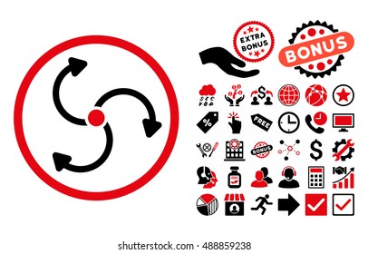 Fan Rotation pictograph with bonus pictogram. Vector illustration style is flat iconic bicolor symbols, intensive red and black colors, white background.