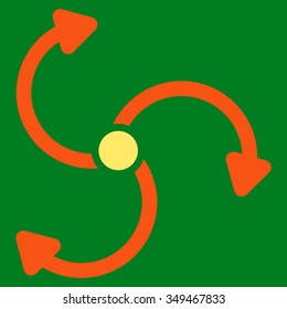 Fan Rotation vector icon. Style is bicolor flat symbol, orange and yellow colors, rounded angles, green background.