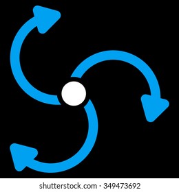 Fan Rotation vector icon. Style is bicolor flat symbol, blue and white colors, rounded angles, black background.