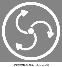 Fan Rotation vector icon. Style is flat circled symbol, white color, rounded angles, gray background.
